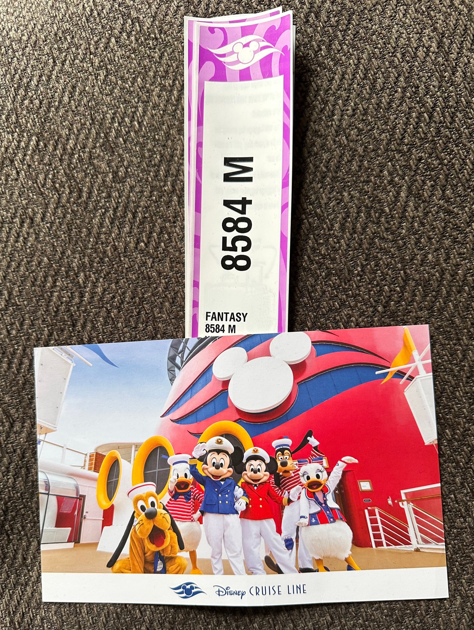 The image shows our luggage labels with the text 8584M and Fantasy 8584M. The postcard shows shipmate Pluto, shipmate Donald, Captain Mickey, Captain Minnie, shipmate Goofy and shipmate Daisy, in front of one of the funnels on the ship