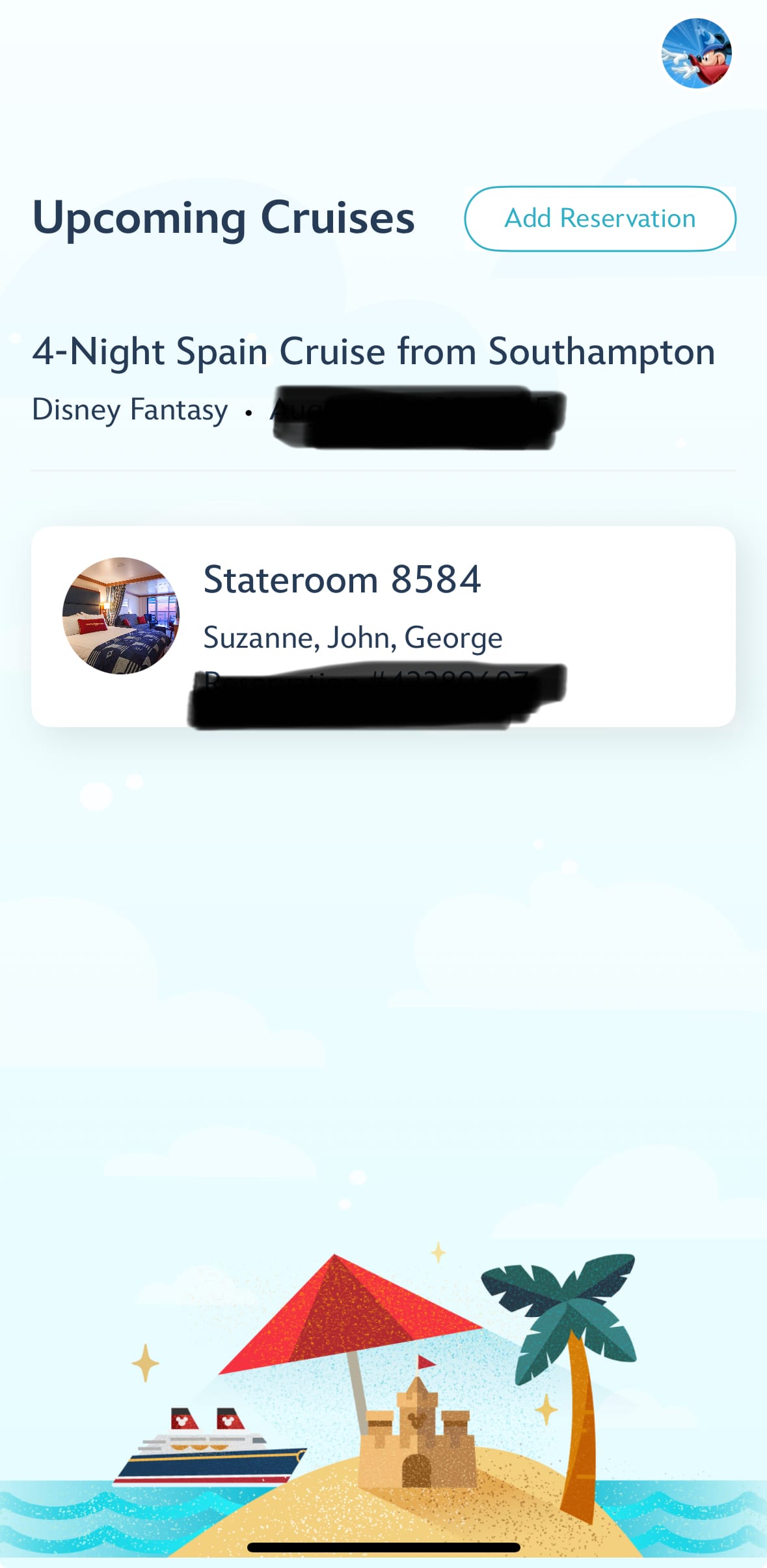 The image has text saying Upcoming Cruises, 4-Night Spain Cruise from Southampton, Disney Fantasy, Stateroom 8584, Suzanne, John, George