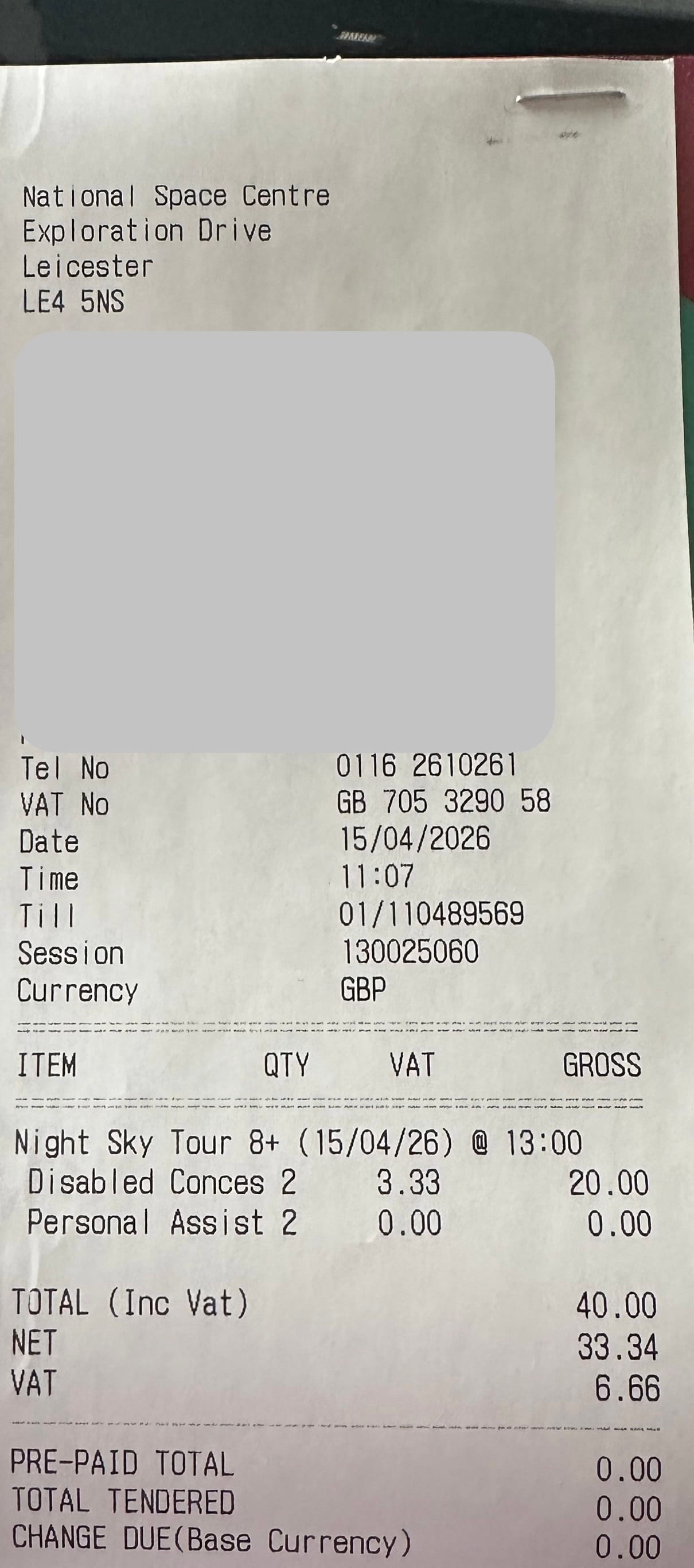 The receipt showing we paid £20 each for two disabled concessions and £0 for two personal assistants