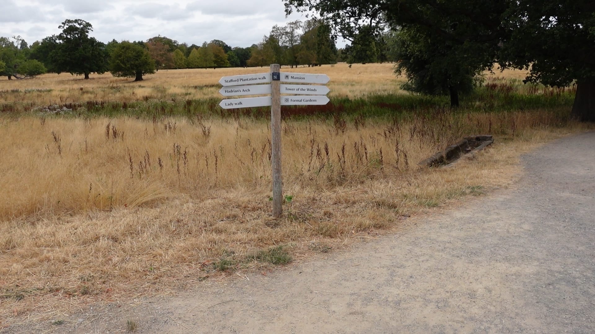 A signpost with 3 direction arms to the left and 3 to the right. A path is seen to the right. There are trees and more scorched grass around