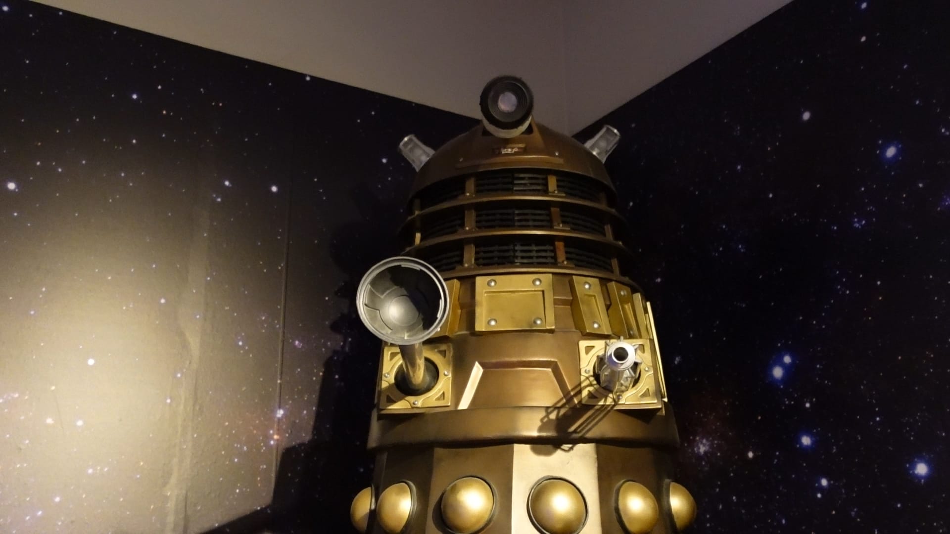 The top half of a Dalek. We can see its "sink plunger" and "kitchen whisk" arms, and it's eye on the stalk, pointing towards us