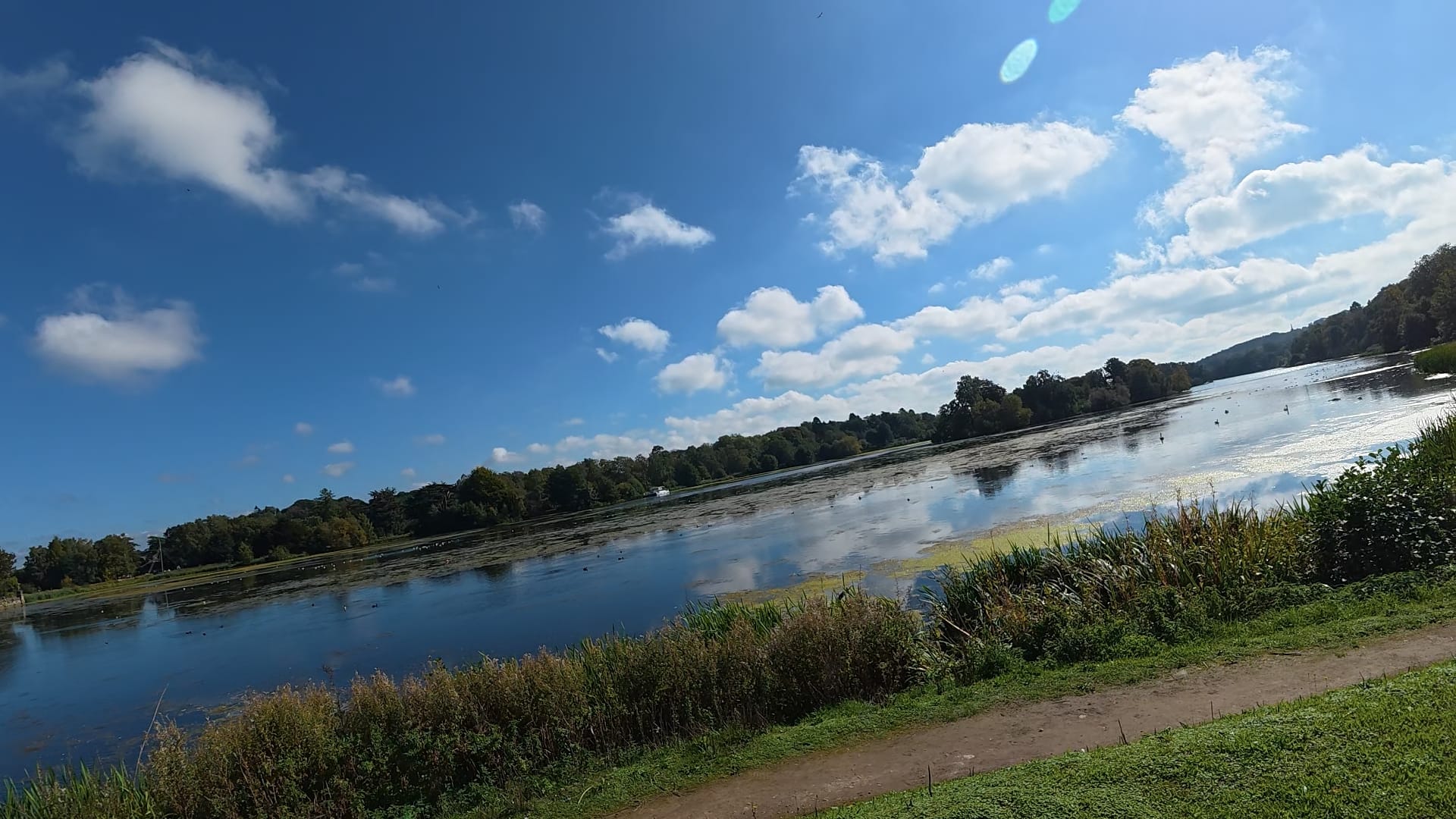 A view over the lake at Trentham Gardens. The sky is reflected in the surface of the lake.
