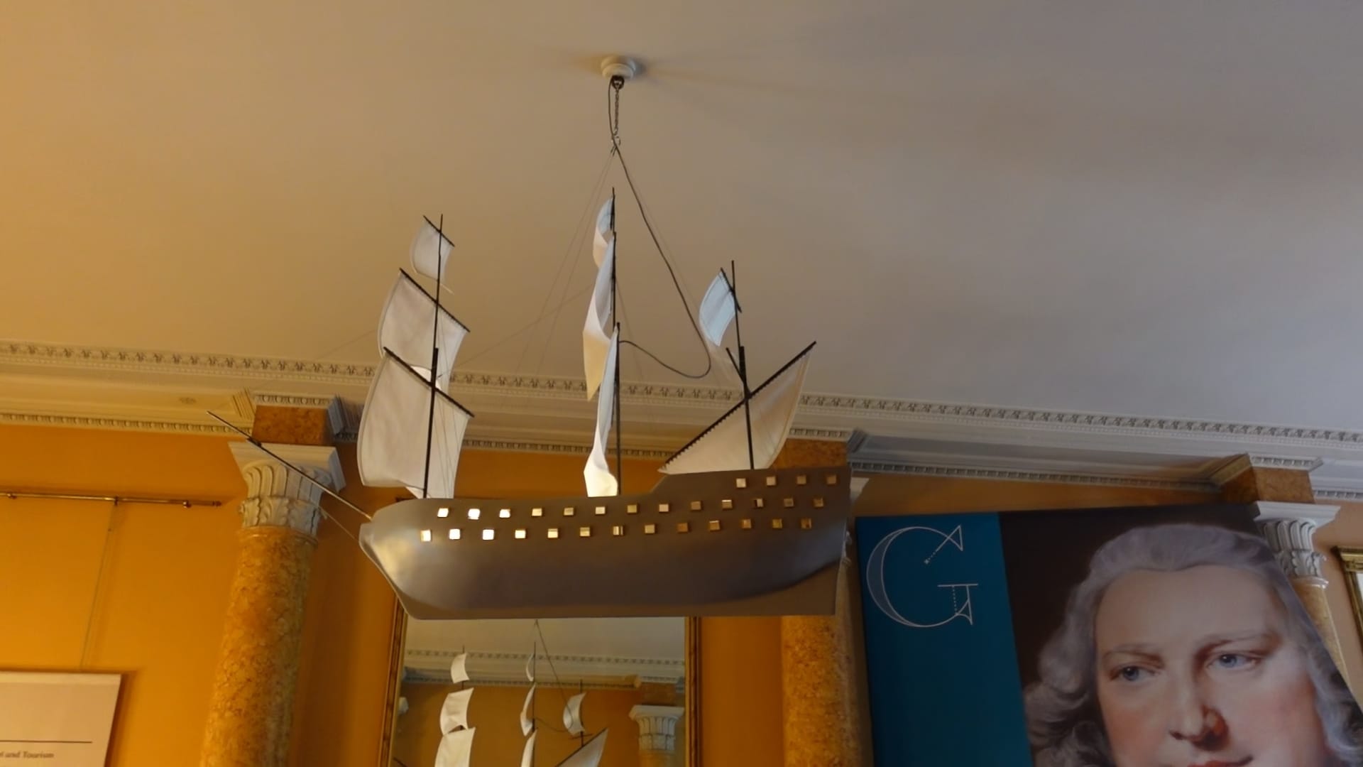A model of a ship hanging from the ceiling