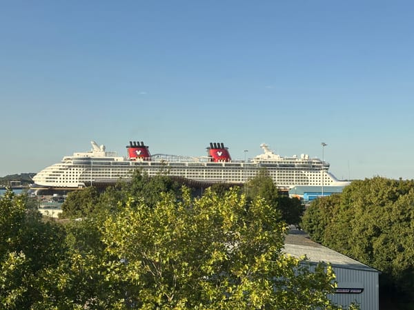 View from a window of the Novotel, showing the Disney Fantasy docked at Southampton